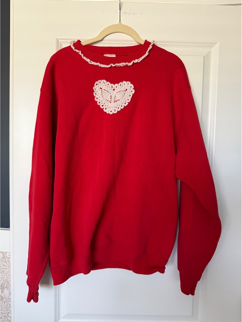Vintage Red Sweatshirt White Crochet Heart Coquette Cottagecore Valentine's